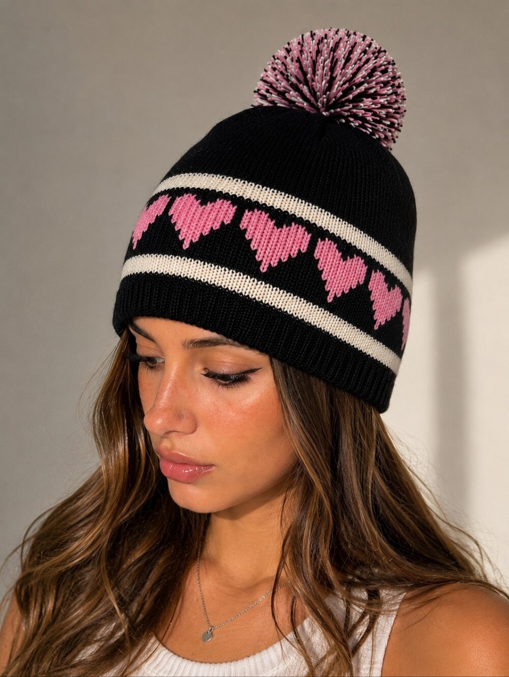 💕❄️ Vintage Guess Y2K Heart Print Pom Pom Knit Beanie Hat Black Pink White OSFA